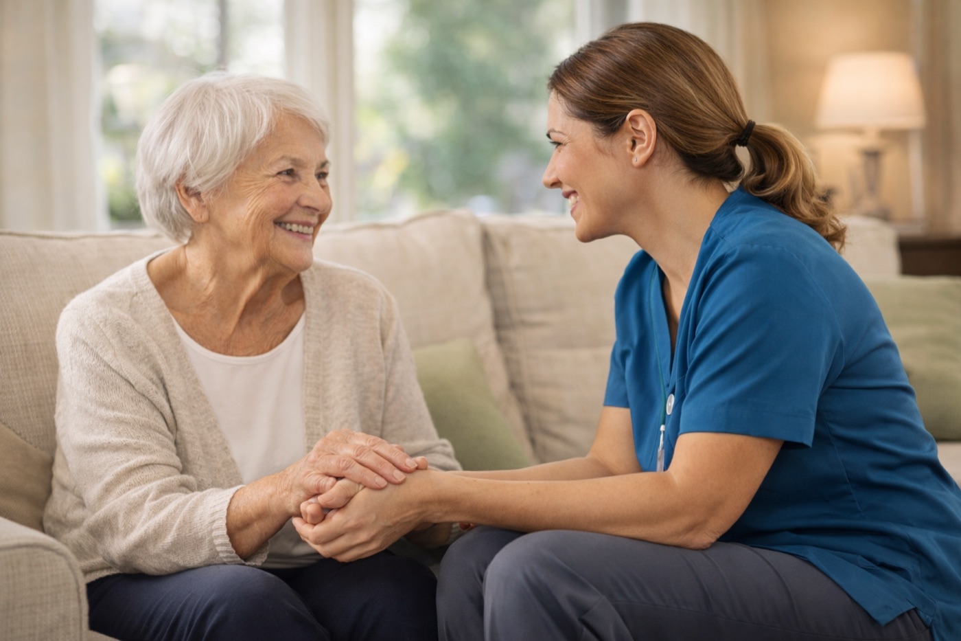 A caregiver and an older woman holding hands and laughing on a sofa